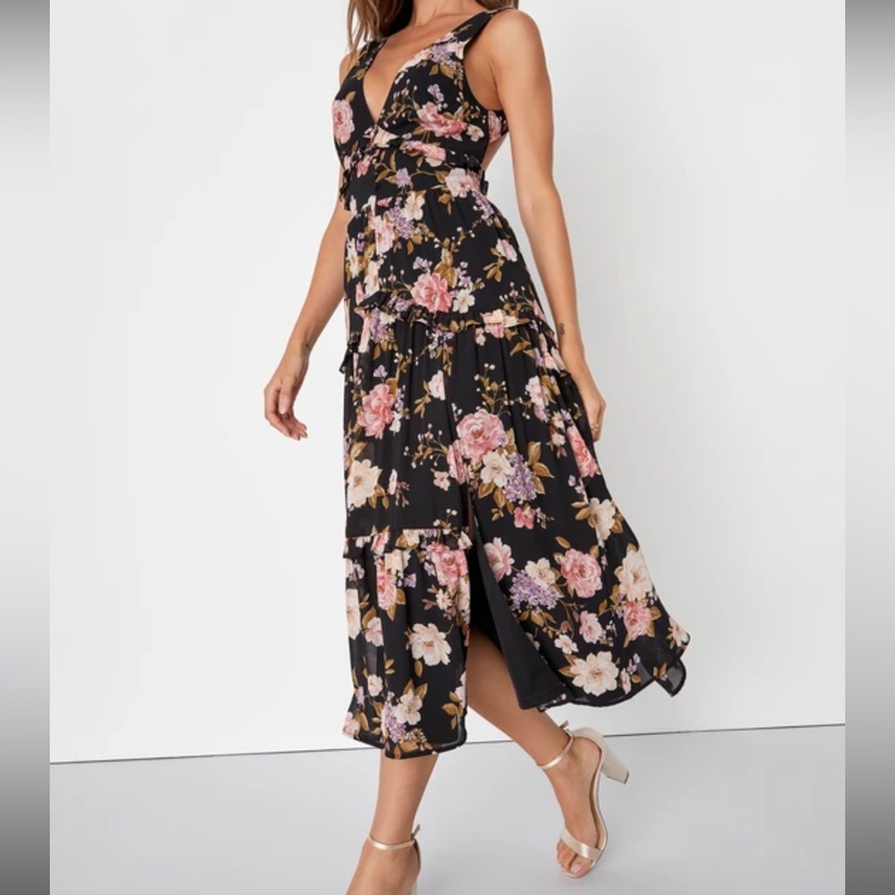 Black Floral Ruffled Backless Midi Dress - Picture 2 of 10